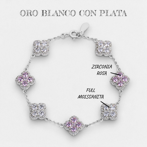Brazalete Flor de Suerte con Diamantes Moissanita  VVS1  925 Plata 925 con Oro 