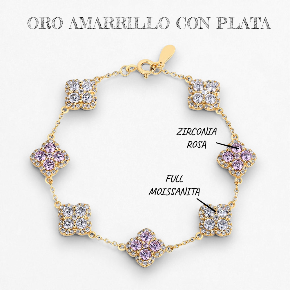 Brazalete Flor de Suerte con Diamantes Moissanita  VVS1  925 Plata 925 con Oro 