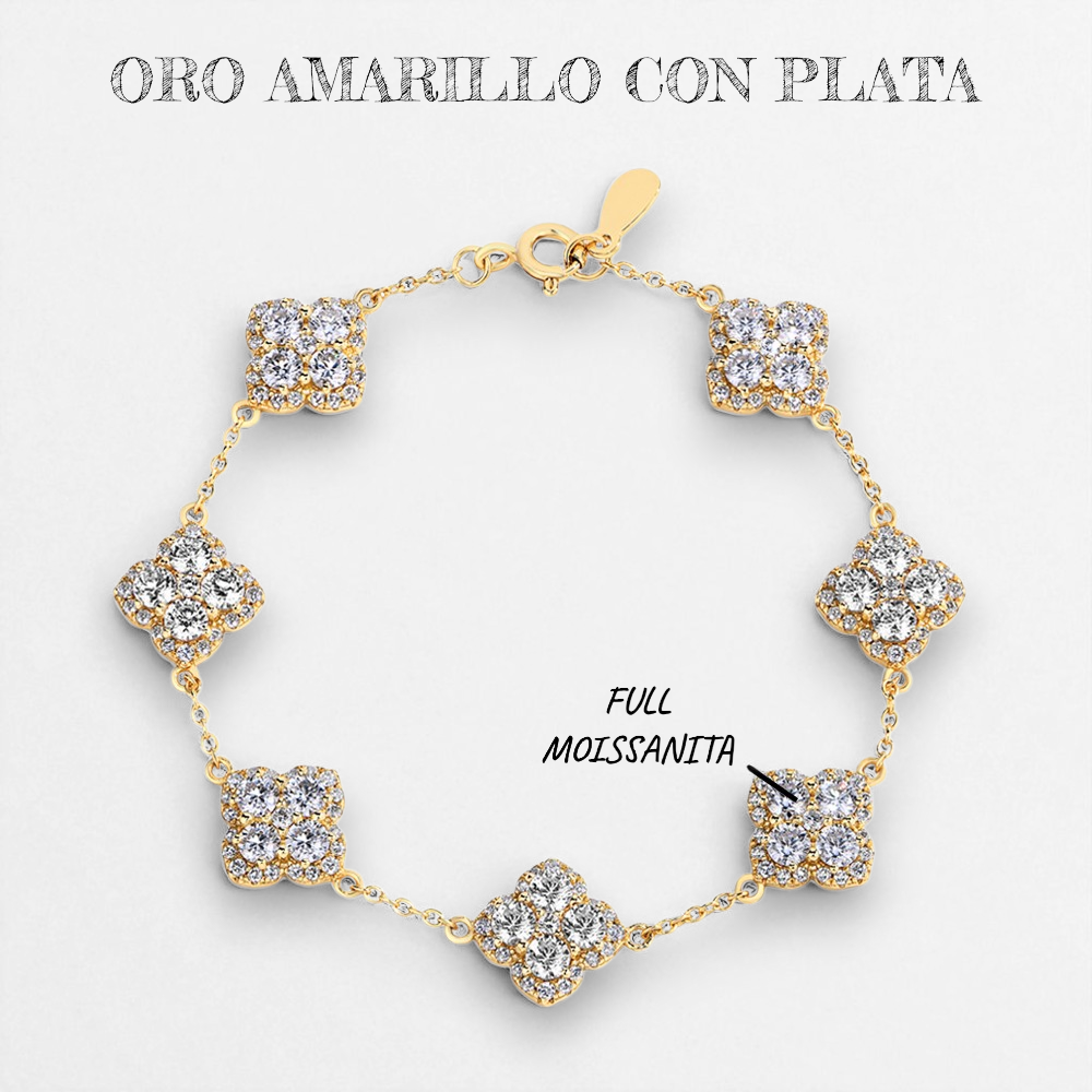 Brazalete Flor de Suerte con Diamantes Moissanita  VVS1  925 Plata 925 con Oro 