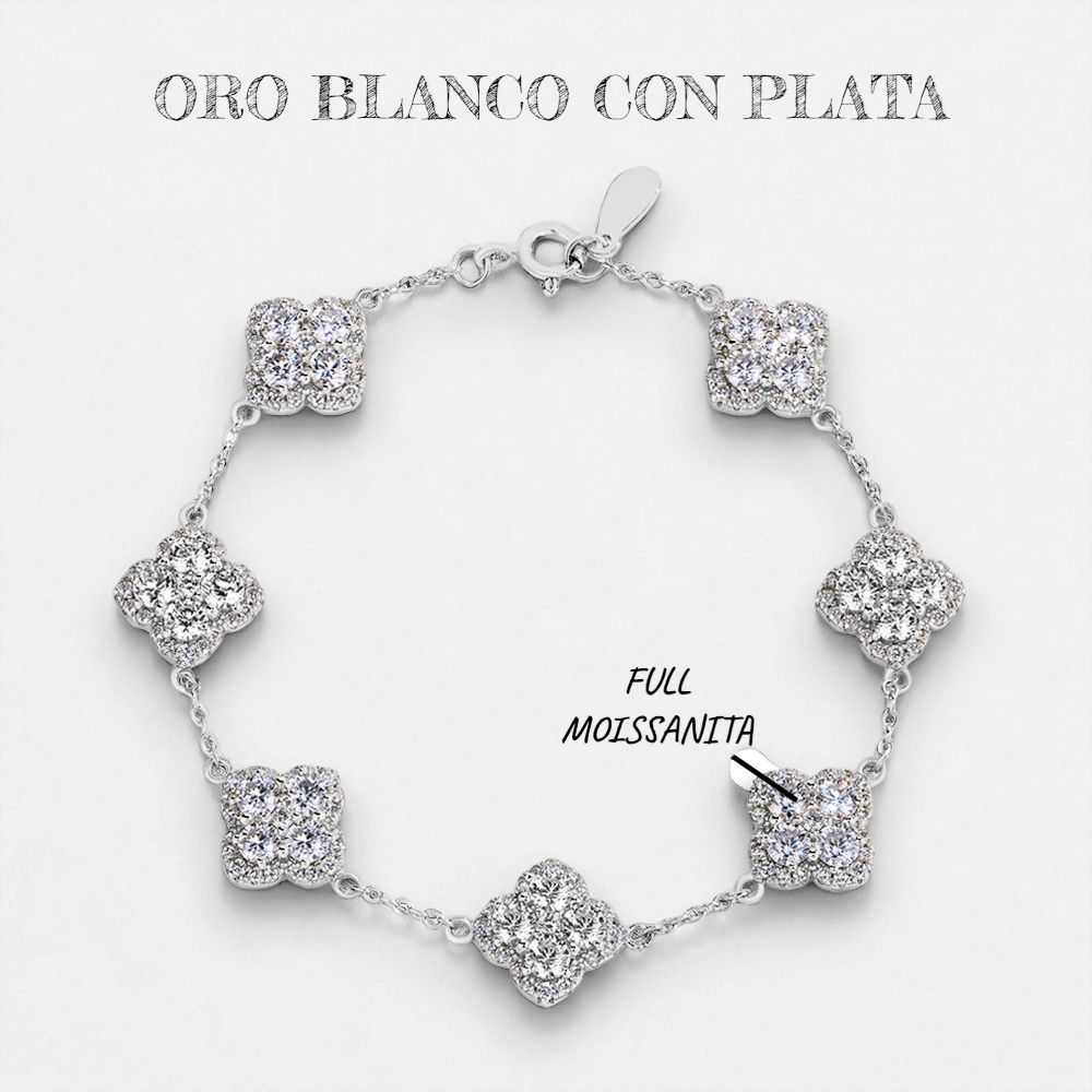Brazalete Flor de Suerte con Diamantes Moissanita  VVS1  925 Plata 925 con Oro 