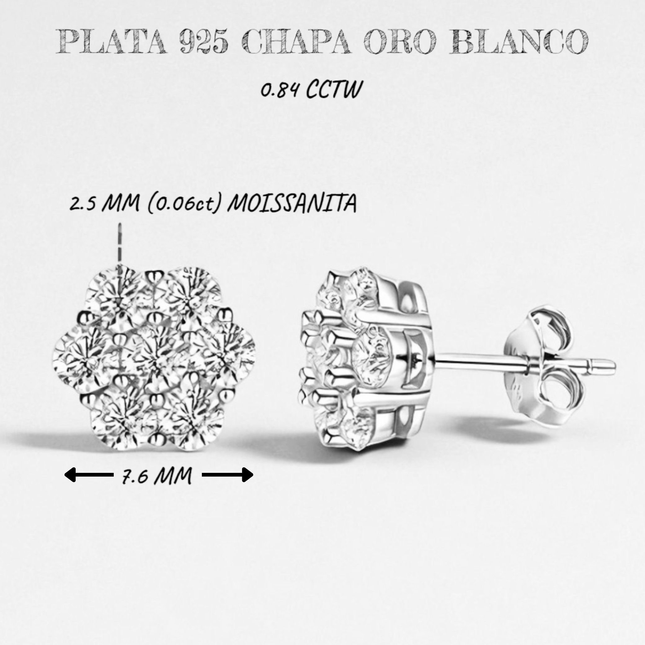 Aretes Flor de Suerte 2.5/3/5Mm Diamantes VVS1 Moissanita GRA Certificados de Plata Esterlina 925 con Oro.
