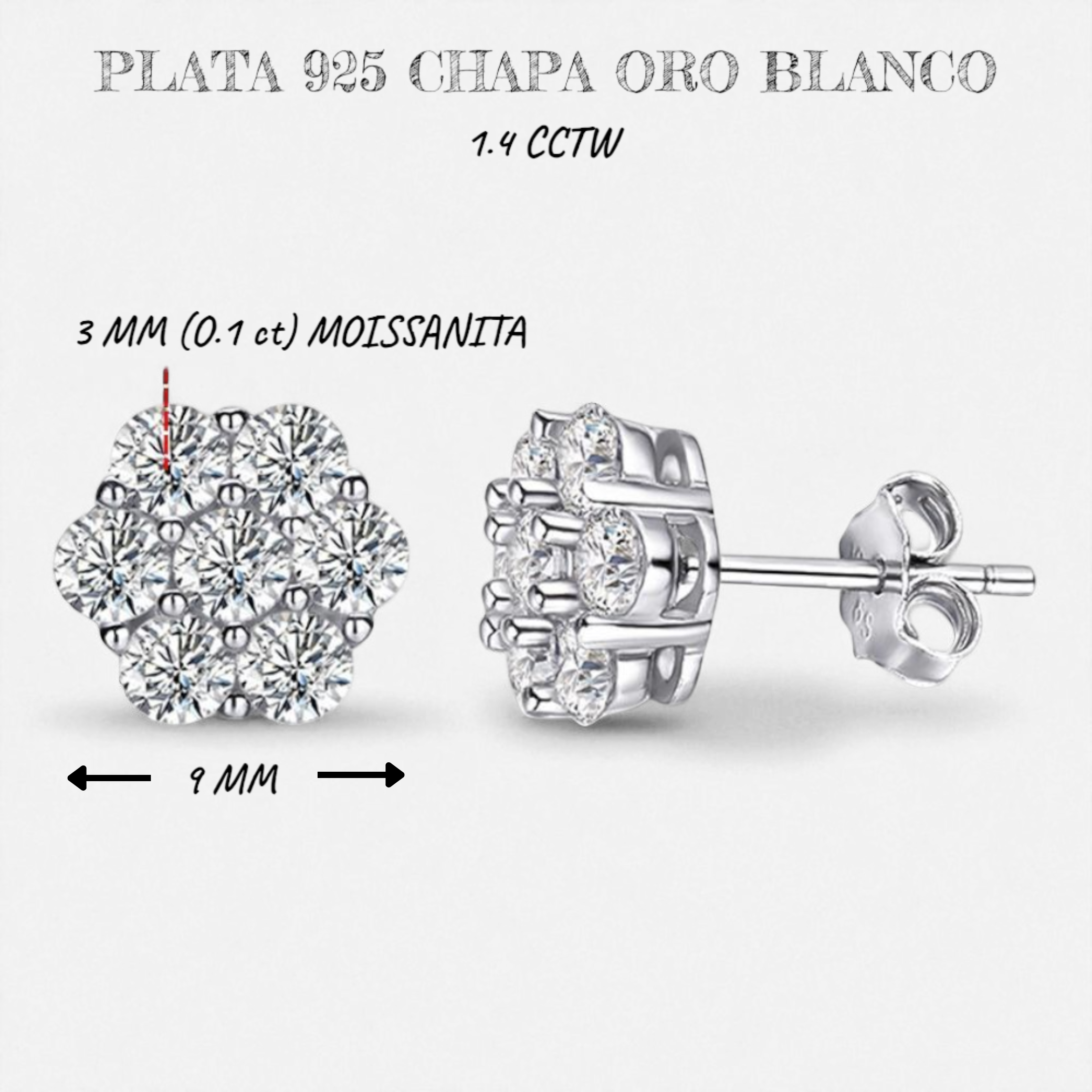 Aretes Flor de Suerte 2.5/3/5Mm Diamantes VVS1 Moissanita GRA Certificados de Plata Esterlina 925 con Oro.