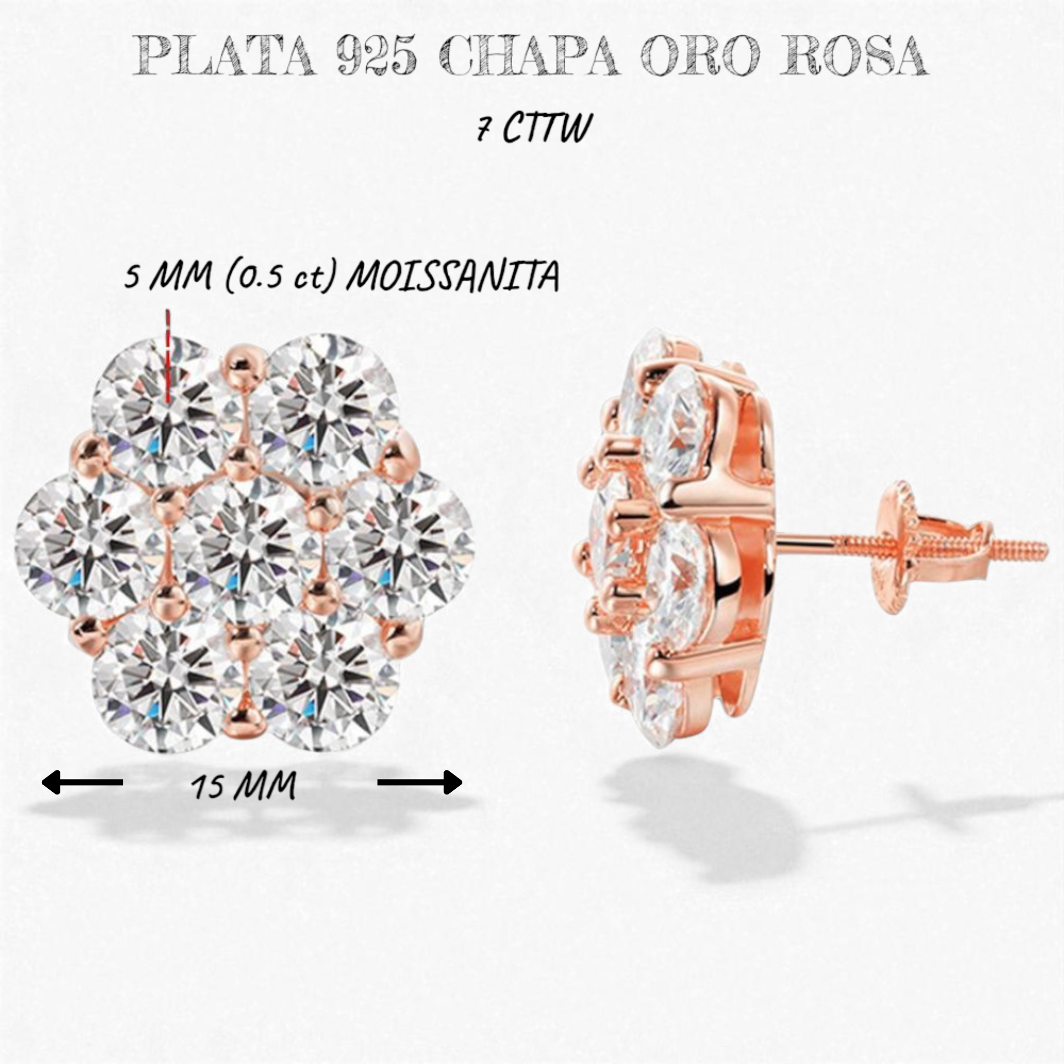 Aretes Flor de Suerte 2.5/3/5Mm Diamantes VVS1 Moissanita GRA Certificados de Plata Esterlina 925 con Oro.