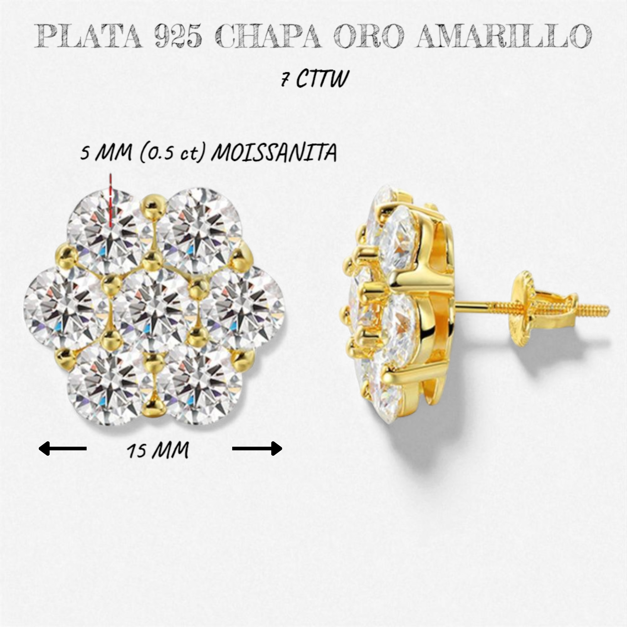 Aretes Flor de Suerte 2.5/3/5Mm Diamantes VVS1 Moissanita GRA Certificados de Plata Esterlina 925 con Oro.