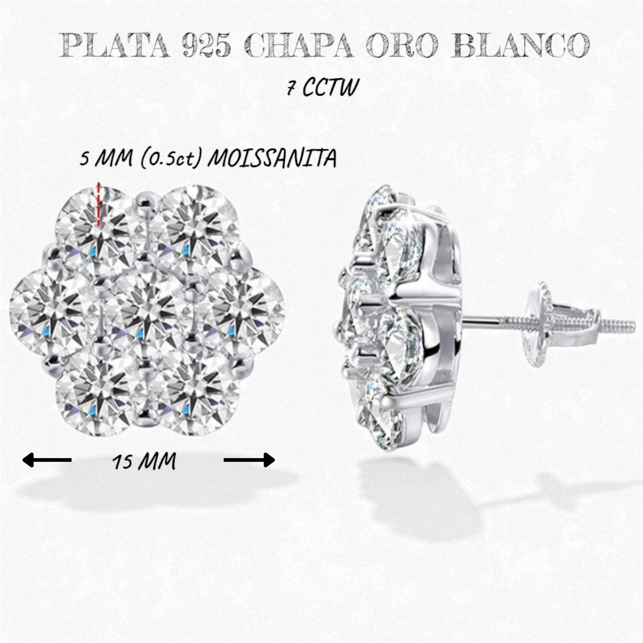 Aretes Flor de Suerte 2.5/3/5Mm Diamantes VVS1 Moissanita GRA Certificados de Plata Esterlina 925 con Oro.