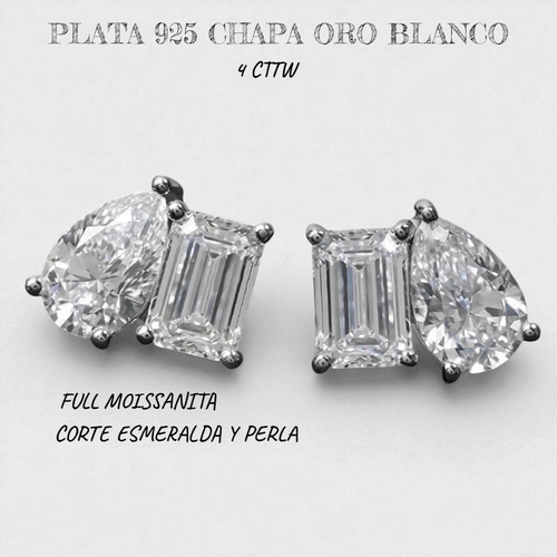 Aretes Gota-Cuadro con Diamantes Moissanita VVS1 925 Plata con Oro.