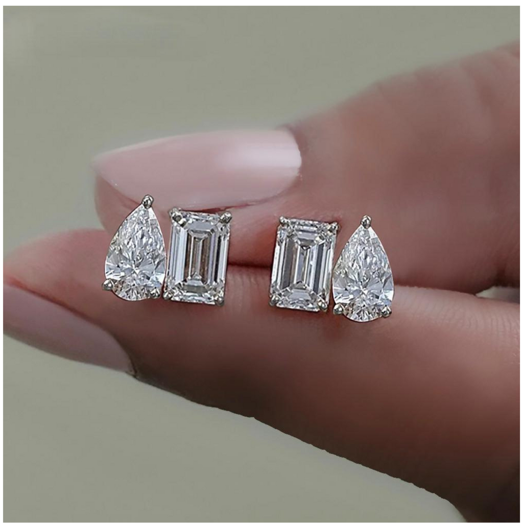 Aretes Gota-Cuadro con Diamantes Moissanita VVS1 925 Plata con Oro.