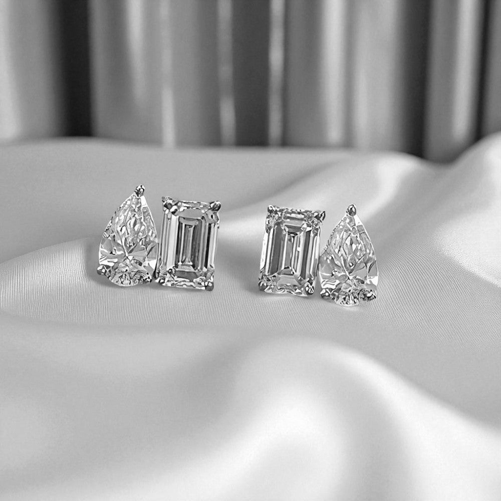 Aretes Gota-Cuadro con Diamantes Moissanita VVS1 925 Plata con Oro.